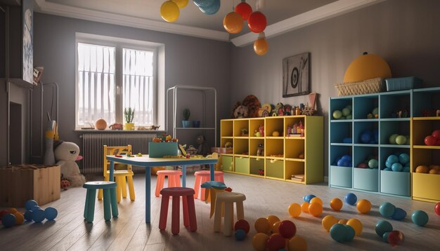 Lustiges, farbenfrohes Spielzimmer mit von KI generierten Spielzeugen und Dekorationen