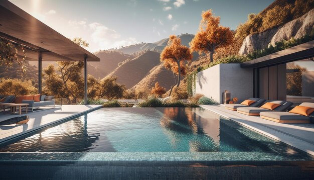 Luxuriöse Villa, Berglandschaft, ruhige Entspannung am Pool, generiert durch KI