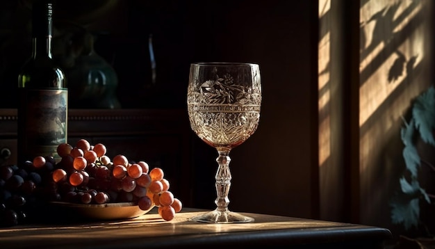 Luxuriöse Weinflasche auf rustikalem Tisch im Innenbereich, generiert von KI