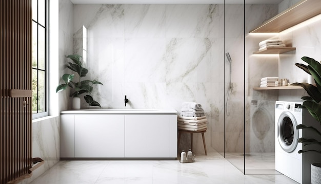 Luxuriöses Badezimmerdesign mit Marmor und Pflanzen, die von KI generiert werden