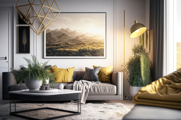 Kostenloses Foto luxuriöses interieur eines modernen wohnzimmers mit weißem sofa-couchtisch und rahmen an der wand