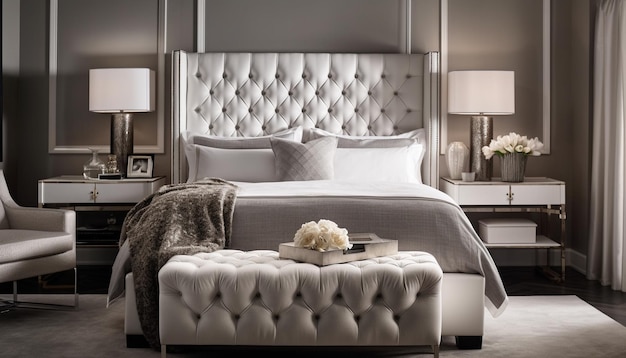 Luxuriöses, modernes Schlafzimmer mit bequemer Bettwäsche und elegantem Dekor, das von KI generiert wurde