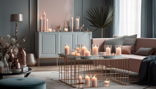 Luxuriöses, modernes Wohnzimmer mit gemütlichem Kerzenlicht und elegantem, von KI erzeugtem Dekor