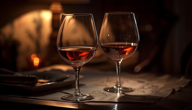 Luxuriöses Weinglas spiegelt die von KI erzeugte Eleganz der Feier im Kerzenlicht wider