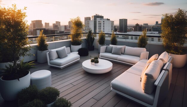 Luxuriöses Wohnzimmer mit generativer KI und Blick auf die Skyline der Stadt