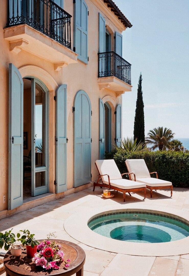 Kostenlose Foto luxus-villa-terrasse mit pool und balkon