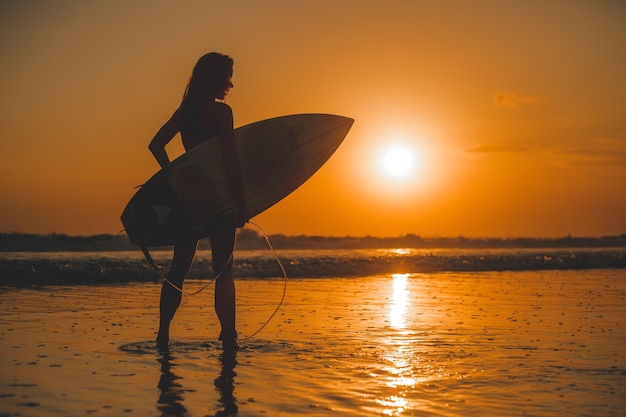 Kostenloses Foto mädchen posiert mit einem brett bei sonnenuntergang