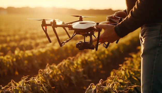 Männer, die eine Drohne steuern, nehmen ein von KI generiertes Luftbild einer Farm auf