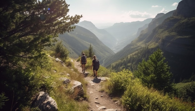 Männer und Frauen, die gemeinsam von KI generierte Berggipfel besteigen