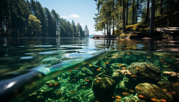 Männer und Frauen schwimmen in einem ruhigen Teich, umgeben von Natur, die von künstlicher Intelligenz erzeugt wurde.