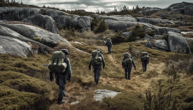 Männer wandern Gipfelerfolg in Sicht, generiert durch KI