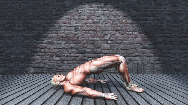 Männerfigur 3D in der doppelten Beinbrückenhaltung im Schmutzinnenraum 2009