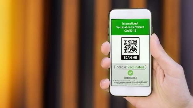 Männliche Hand, die ein Smartphone mit dem internationalen Impfzertifikat COVID-19 QR-Code hält