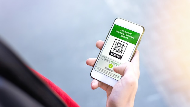 Männliche Hand, die ein Smartphone mit dem internationalen Impfzertifikat COVID19 QR-Code hält