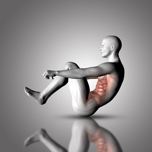 Männliche medizinische 3D-Figur in Sit-up-Pose mit hervorgehobenen Bauchmuskeln