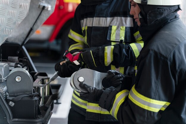 Männliche und weibliche Feuerwehrleute arbeiten in Anzügen und Helmen zusammen