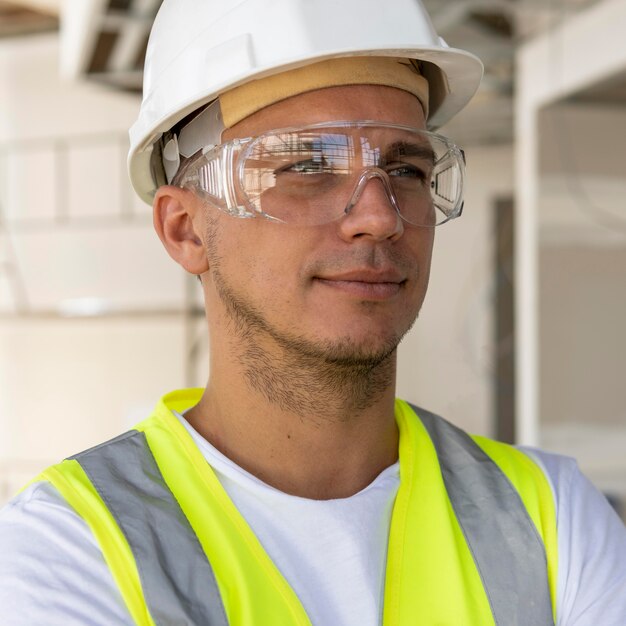 Männlicher Arbeiter im Bau, der Schutzausrüstung trägt