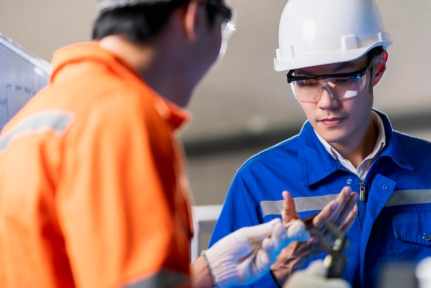 Männlicher asiatischer Ingenieurfachmann, der eine Diskussion an der Maschine in der Fabrik hat, zwei asiatische Mitarbeiter, die das Brainstorming erklären und den Prozessschaltkreis der Hauptplatine der Maschine lösen