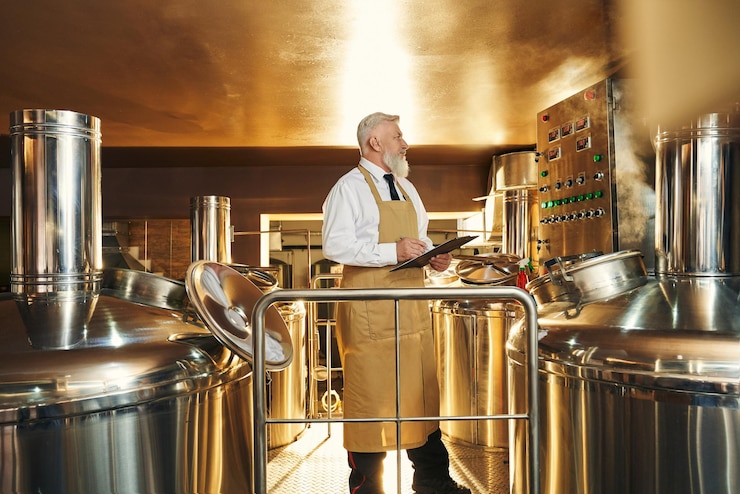 Kostenlose Foto männlicher brauer, der ordner führt und die bierproduktion kontrolliert