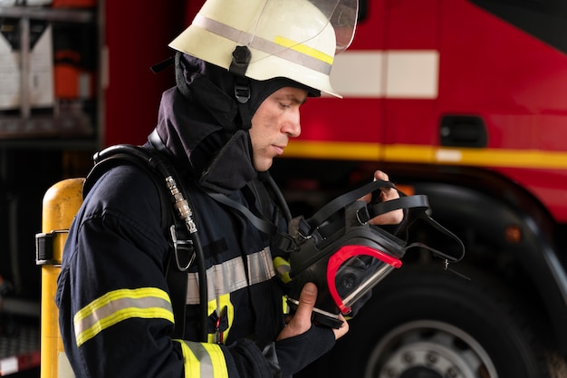 Männlicher Feuerwehrmann am Bahnhof in Anzug und Helm