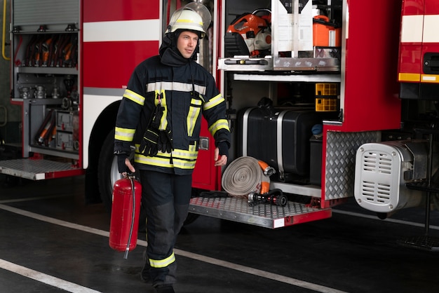 Männlicher Feuerwehrmann am Bahnhof mit Anzug und Schutzhelm