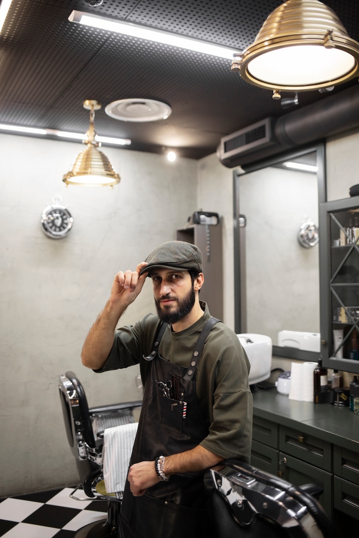 Kostenlose Foto männlicher friseur, der in seinem geschäft sitzt