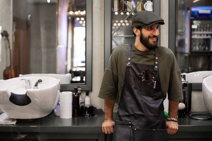 Kostenlose Foto männlicher friseur, der in seinem geschäft sitzt