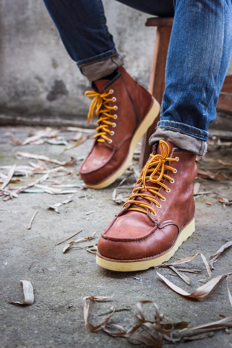 Kostenlose Foto männlicher fuß mit braunen lederschuhen und jeans