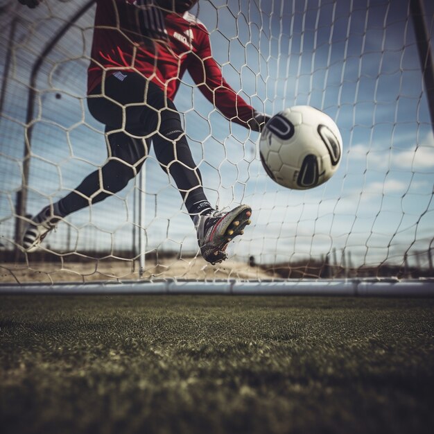 Männlicher Fußballspieler mit Ball auf dem Rasenfeld