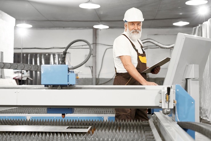 Kostenlose Foto männlicher ingenieur, der kamera beim arbeiten mit computer betrachtet