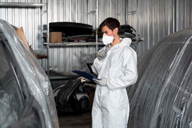 Kostenloses Foto männlicher maler im hazmat-anzug im autohaus