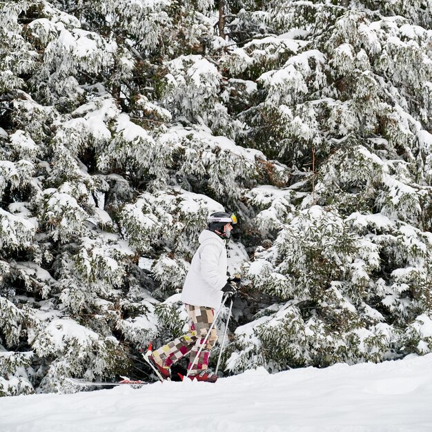 Männlicher Skifahrer, der durch Schnee im Winterwald geht