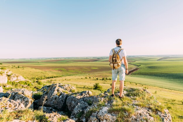 Männlicher Wanderer, der auf den Felsen betrachtet grüne Landschaft steht