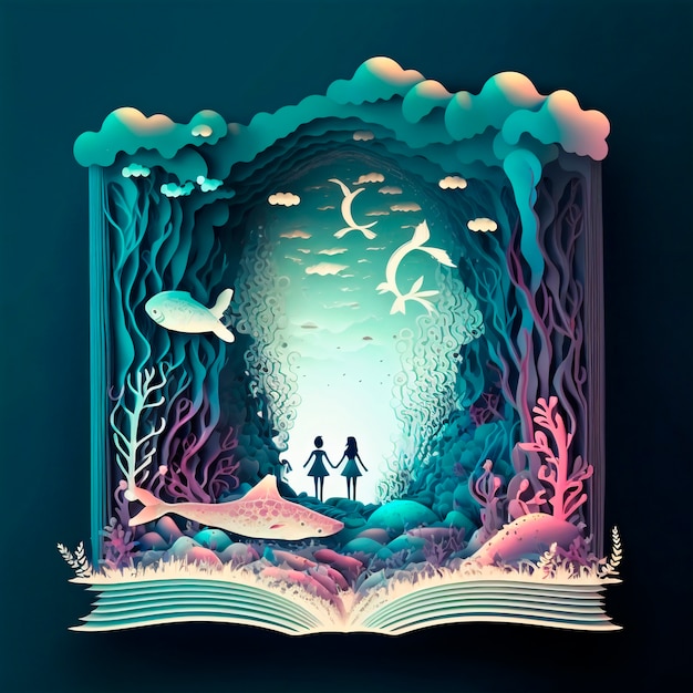 Magische Märchenbuchillustration mit einem Paar unter Wasser