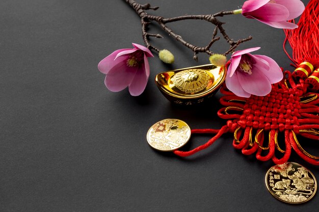 Magnolie und goldene Münzen für chinesisches neues Jahr