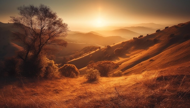 Majestätische Bergkette mit Hintergrundbeleuchtung bei Sonnenuntergang, generiert von KI