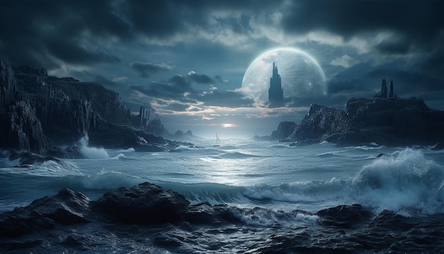 Majestätische Felsklippe beleuchtet gruselige Mondlicht-Fantasie, die von KI generiert wird