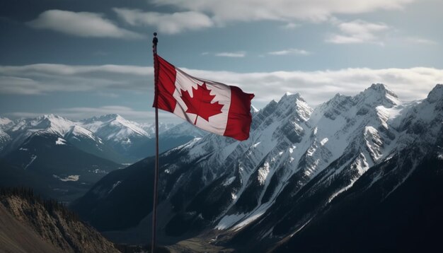 Majestätische Gebirgskette Kanadische Flagge weht stolz generative KI