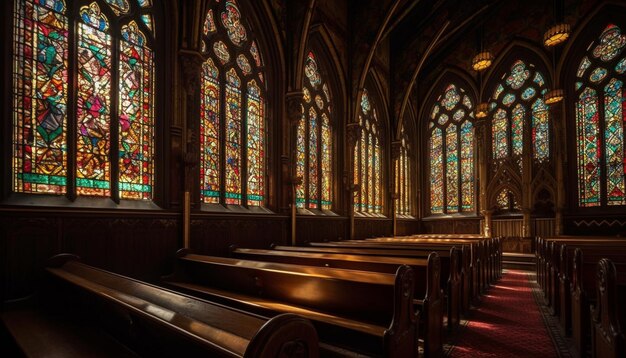 Majestätische gotische Kapelle mit Buntglasfenstern, die von KI generiert wurden