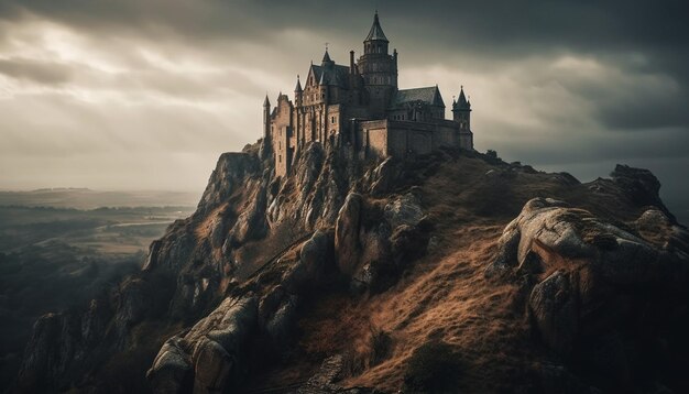 Majestätische Kathedrale auf dem Berggipfel in der Abenddämmerung, generiert von KI