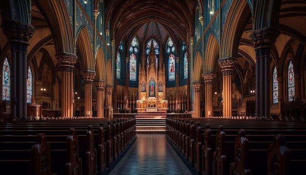 Majestätische Kathedrale mit Buntglasfenstern und KI-generiertem Altar