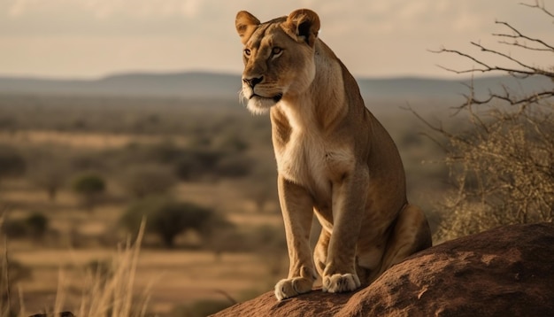 Majestätische Löwin, die bei Sonnenuntergang in der grasbewachsenen Savanne ruht, generiert von KI