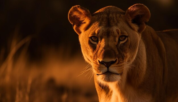 Majestätische Löwin, die in der von KI generierten Savanne in die Kamera starrt