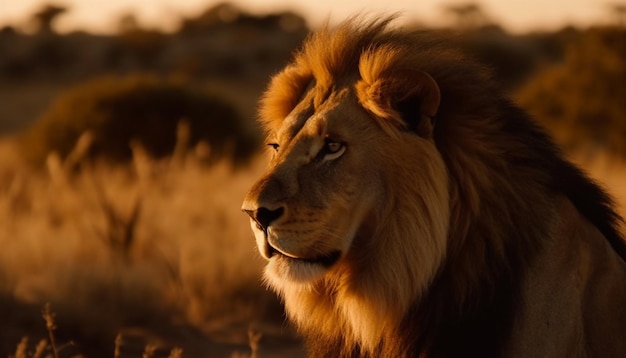 Majestätische Löwin im Sonnenuntergang der afrikanischen Wildnis, erzeugt von KI