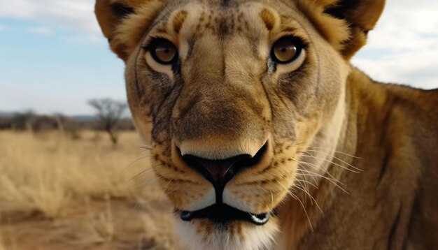 Majestätische Löwin starrt auf die von KI erzeugte Schönheit der Natur