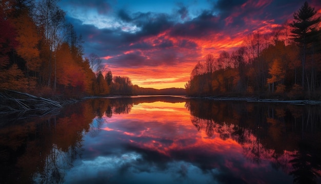 Majestätische Waldsilhouetten vor einem lebendigen Sonnenuntergangshimmel, generiert von KI