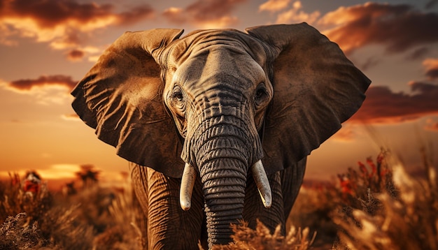 Kostenloses Foto majestätischer afrikanischer elefant steht bei sonnenuntergang stark in der ruhigen savanne, erzeugt durch künstliche intelligenz