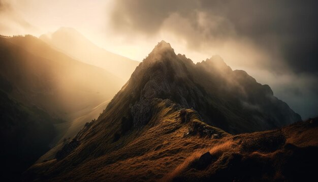 Majestätischer Berggipfel, der in der Abenddämmerung von KI erzeugt wird