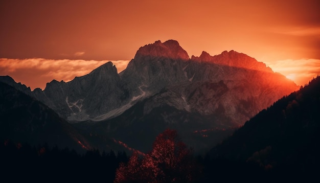 Majestätischer berggipfel im hintergrund beleuchtet von einem von ki generierten sonnenuntergang