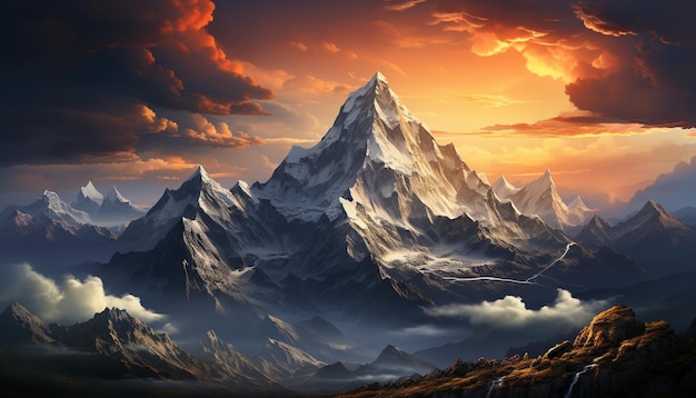 Majestätischer Berggipfel-Sonnenuntergang-Himmel, schneebedeckte Landschaftspanoramaschönheit, erzeugt durch künstliche Intelligenz